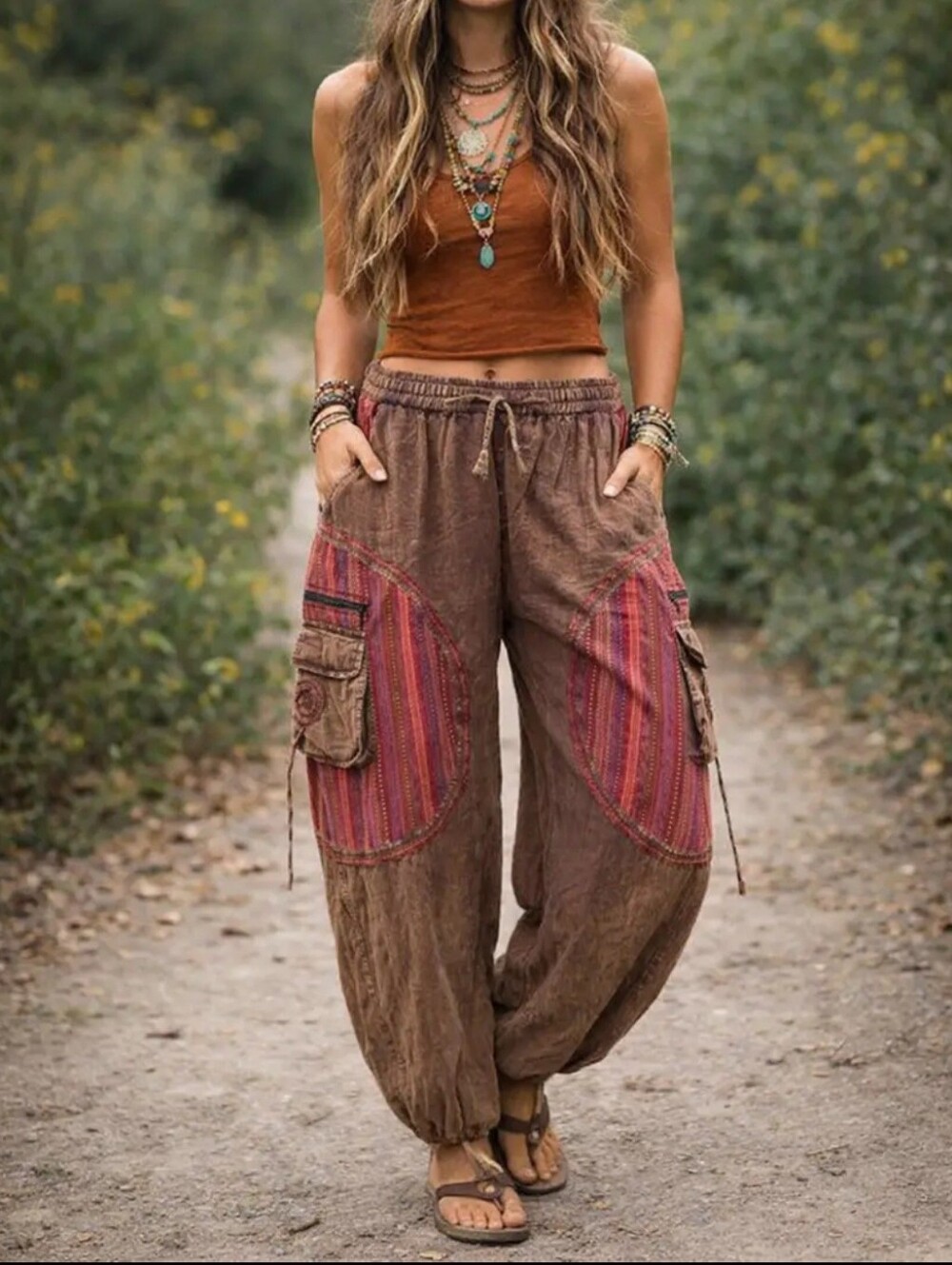 #1772 Panel Patched Boho Hippie Cotton Harem Pants (Brown)